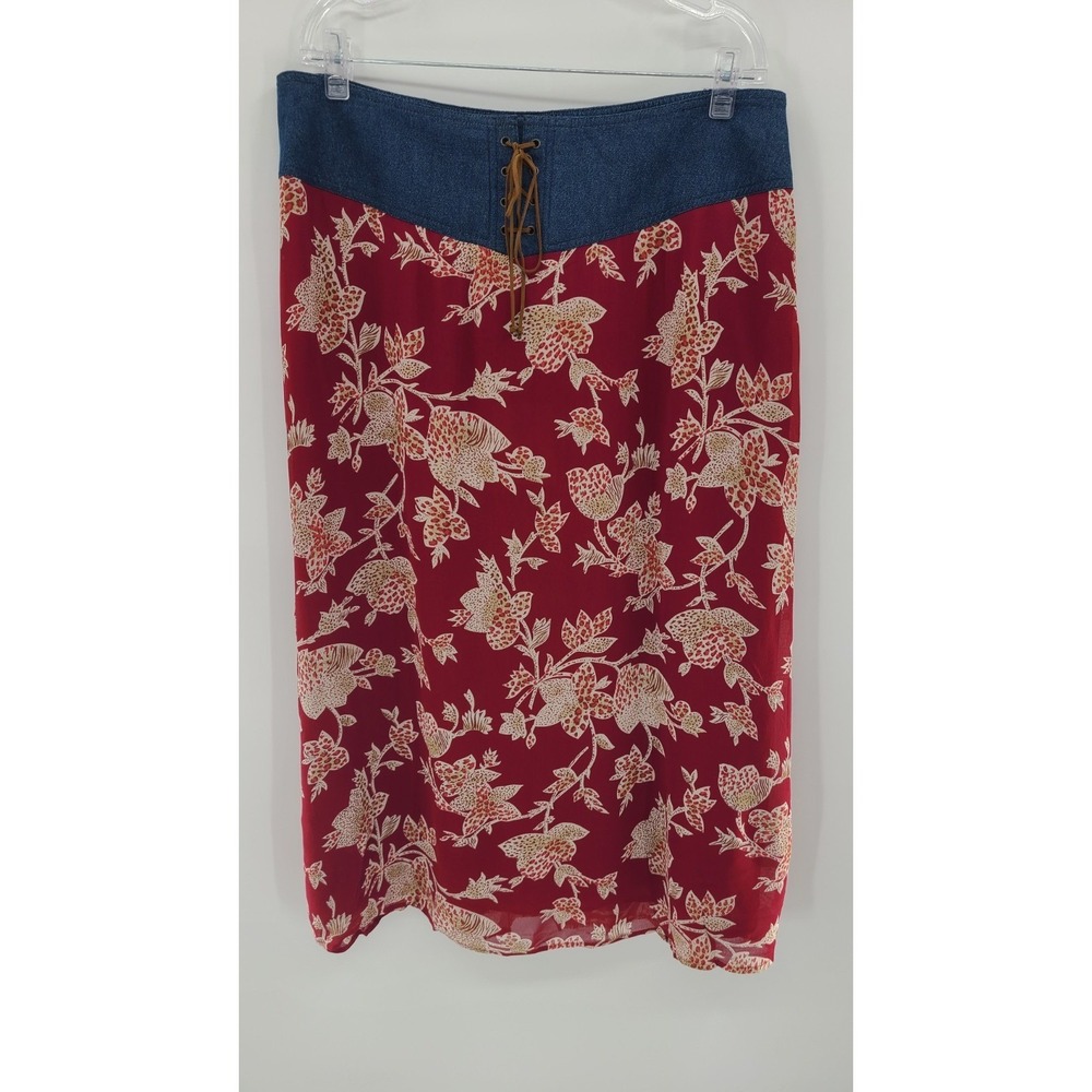 Western Maxi Denim Floral BohoWomen Skirt 16W‎ Rodeo Red Lace Up Stonebridge NEW
